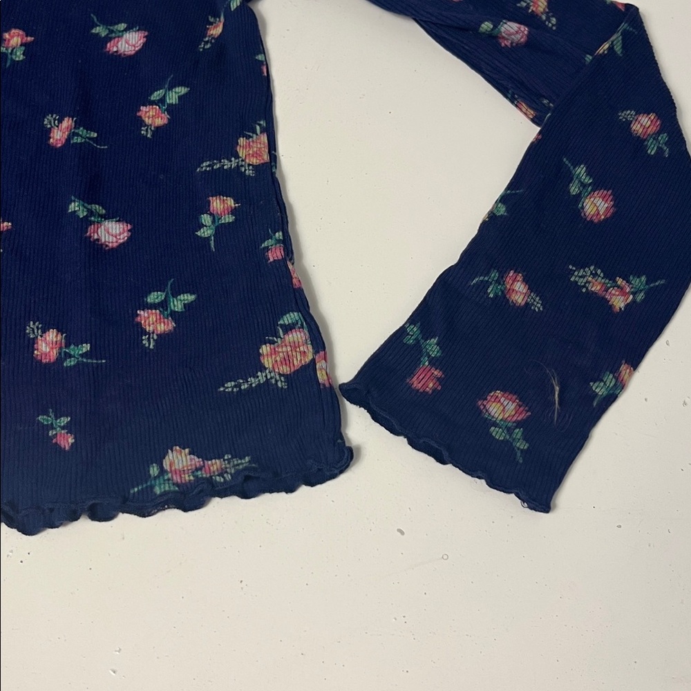 SO Medium Navy Blue Long Sleeve Floral Print Lettuce Edge Hem Stretchy Blouse - Picture 3 of 5